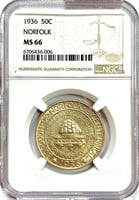 1936 Norfolk Bicentennial 50C Silver Coin MS-66