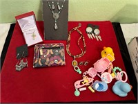 3 NECKLACES, 2 SETS EARRINGS, BILLFOLD, BABY ITEMS