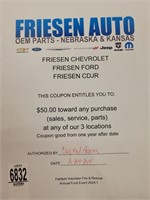 $50 Friesen Auto Gift Certificate