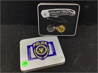 Police theme Collector tin with contents. Knife