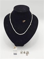 18" PEARL NECKLACE, STICK PIN, GOLD FILLED RING