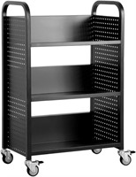 H&A Library Rolling Book Cart with 3 Flat Shelves