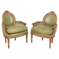 Louis XVI Style Green Leather Bergere Arm Chairs 2
