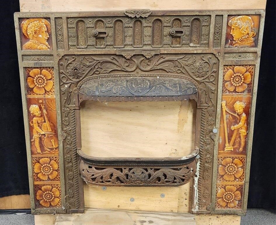 Iron and tile fire place insert.