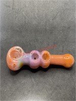 Glass pipe with three bowls orange purple and