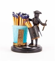 Bronze Soldier & Blue Cobalt Glass Matchstick Hold