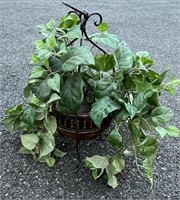 Two Metal Hanging Planters with Silk Leafy Plants