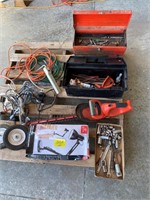 PALLET W/ EXTENSION CORDS, HEDGE TRIMMER, SOCKETS