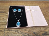 Blue Stone Styled Silver Bling Necklace & Earrings