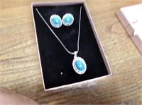 Blue Stone Styled Silver Bling Necklace & Earrings
