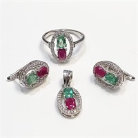 $250 Silver Ruby Emerald Cz(5.4ct) Earring Ring Pe