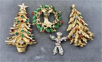 Vintage Christmas Rhinestone Brooches Pins A