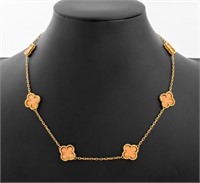 18K Gold Pink Coral Alhambra Style Necklace