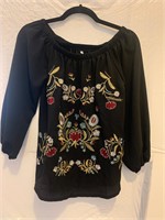 Black Floral Blouse Size Small 95% Polyester #HB11