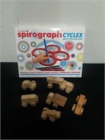 spirographs cyclex and small wooden vehicles