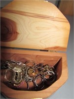 Wooden Box of Various Rings 30 total