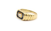 18K Gold Diamond & Blue Sapphire Mens Ring