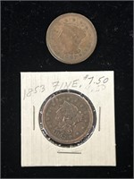 1847,1853 Liberty Head One Cent Coins.