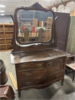 Antique Oak Bow-Front Dresser w/ Mirror.