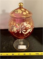 Gold Luster Hand Painted Cranberry Glass Lidded