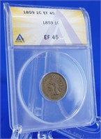 1859 Indian Cent ANACS Graded EF-45