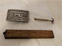 Vintage Millwright Belt Buckle, Tie Bar and Ruler