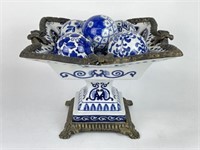 Blue and White Pedestal Bowl with Decorative Balls