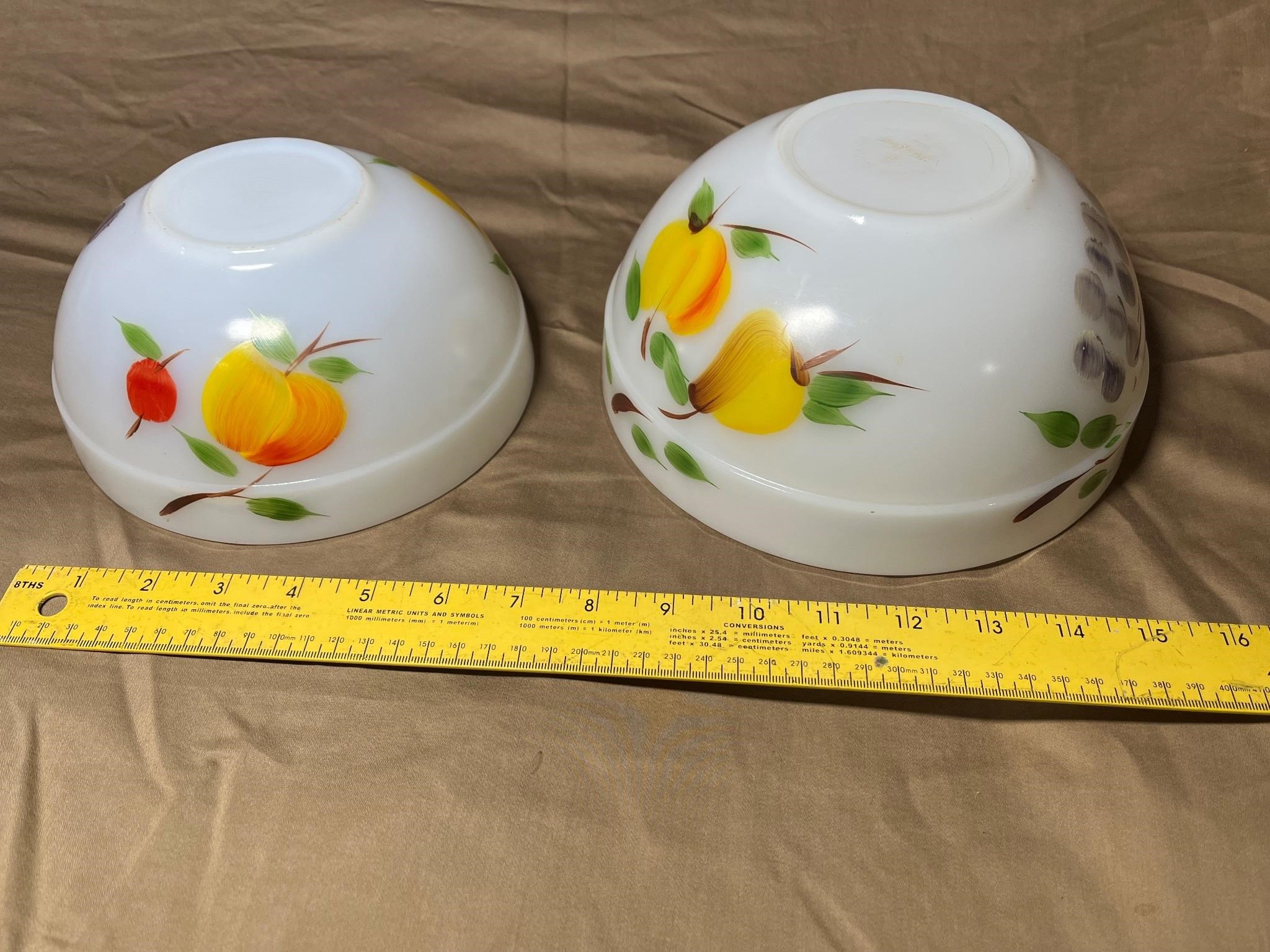 Two Fire King milk glass painted fruit bowls