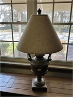 34" DUAL HANDLED LAMP WITH BURLAP STYLE SHADE