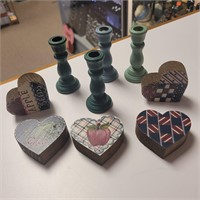 Wooden candlesticks and hearts lot
