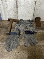 Antique Butcher's Cleavers, Hammer, and Metal Mesh