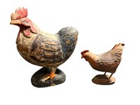 Pair of Wooden Chicken Figurines Rooster & Hen