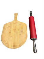 Red Rolling Pin & Bamboo Pizza Peel Serving Tray