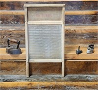 National Washboard with Glass, and 3 Sad Irons