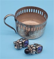 Vintage Silver Brazilian Coffee Cup, Jeweled Cuffl