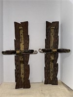Mid Century Wood Metal Pair of Sconces 23” tall