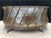 Antique hammered copper planter with feet, 15” x