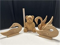 Cute lot of wooden carved bear, swan, and ducks