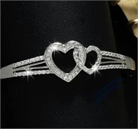 Double Heart Bangle Bracelet Sterling Silver