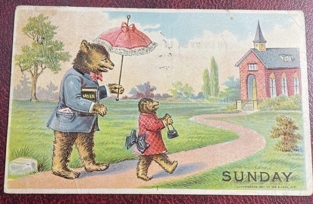 Antique 1907 Postmarked - Bears Sunday PPC