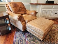 DISTRESSED LEATHER CHAIR AND OTTOMAN