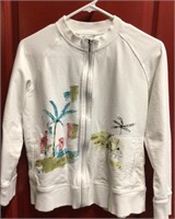 Spa By Chico, White Zip Up with Palm Trees Sz 1