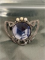 Lovely Blue Crystal, Pearl Silver Toned Brooch