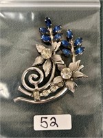 Vintage Floral Blue Rhinestone Brooch