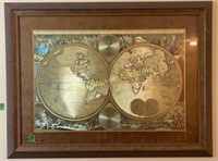 Framed Old World Style Gold Foil Map 41x31"