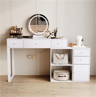 White Vanity Desk with Lighted Mirror and Charging