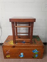 Vintage Painted Child's Toy  Chest and Side Table