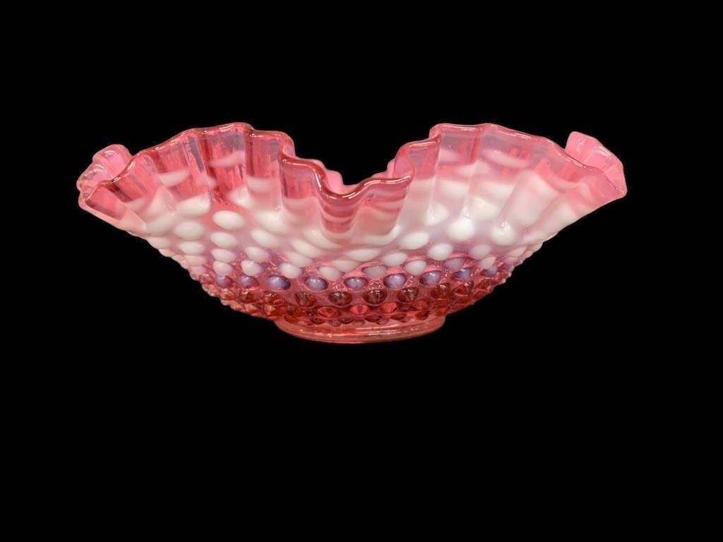 Vintage Hobb Nail Ripple Glass Bowl in Cranberry