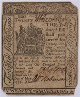 1777 DELAWARE COLONIAL CURRENCY NOTE - 20 SHILLING