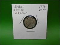 1919 British  3 Pence  E F 40 .925 Sterling Silver